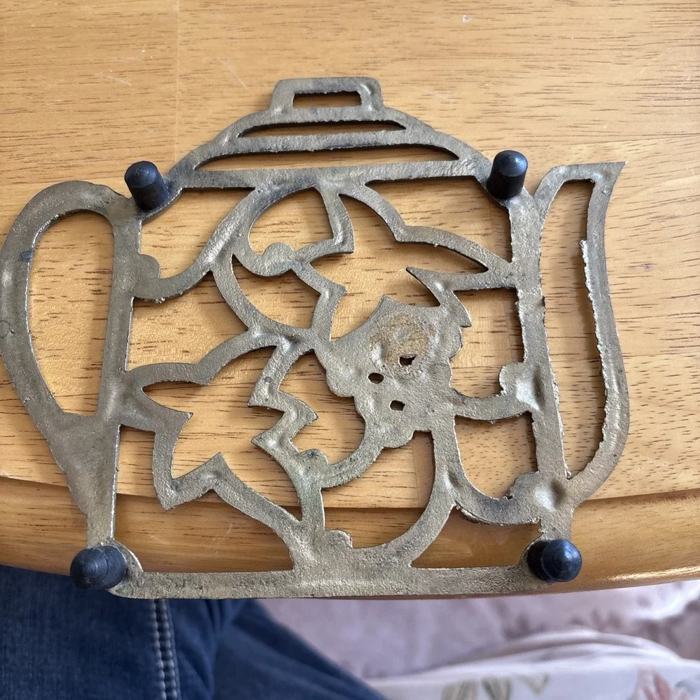 Vintage Brass Open Work Teapot Grapes Shaped Trivet Decor MCM 7